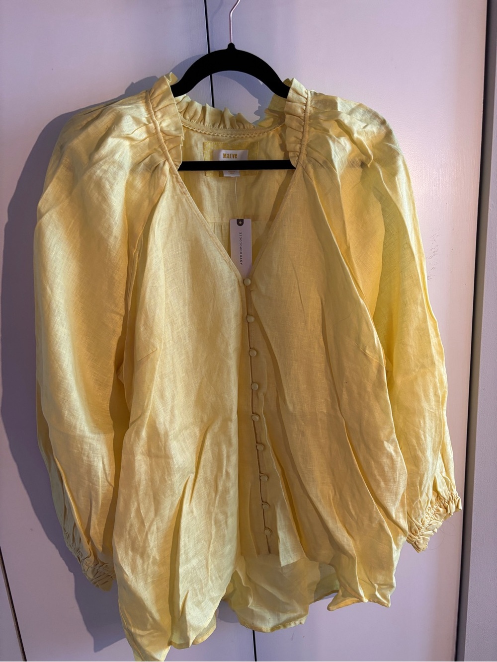 Maeve Yellow Ruffle-Neck Linen Blouse NWT